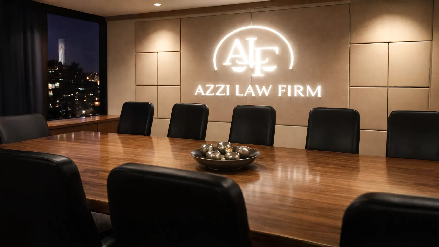 The Azzi Law Firm boardroom with the firm's emblem on the wall